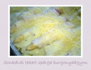 sonkával tekert spárga burgonyaágyon